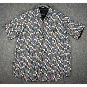 Public Record Parrot‎ Print Button Up Shirt 2XL Black Striped Tropical AOP